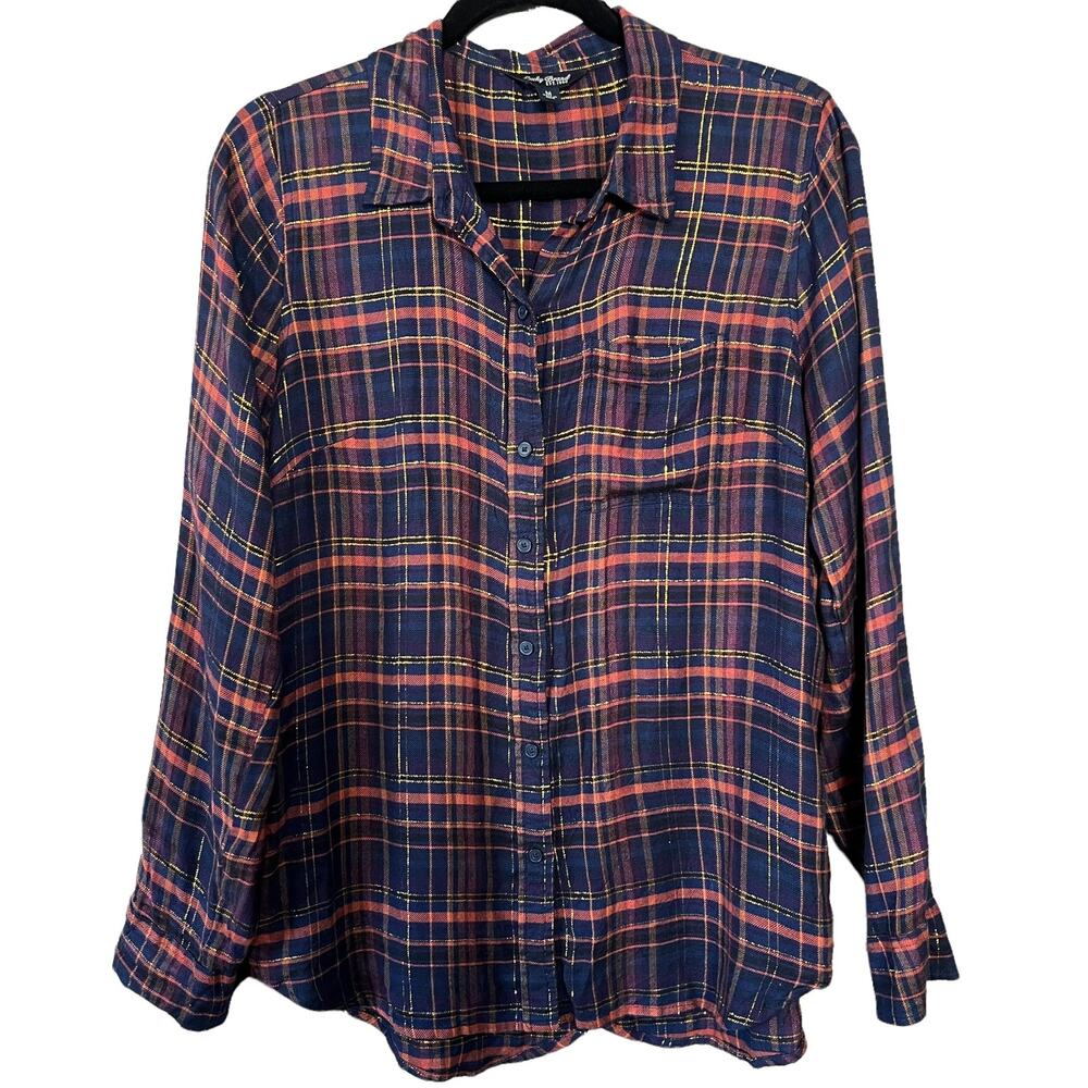 Lucky Brand Navy Plaid Button Front Long Sleeve Tulip Back Blouse Womens Medium